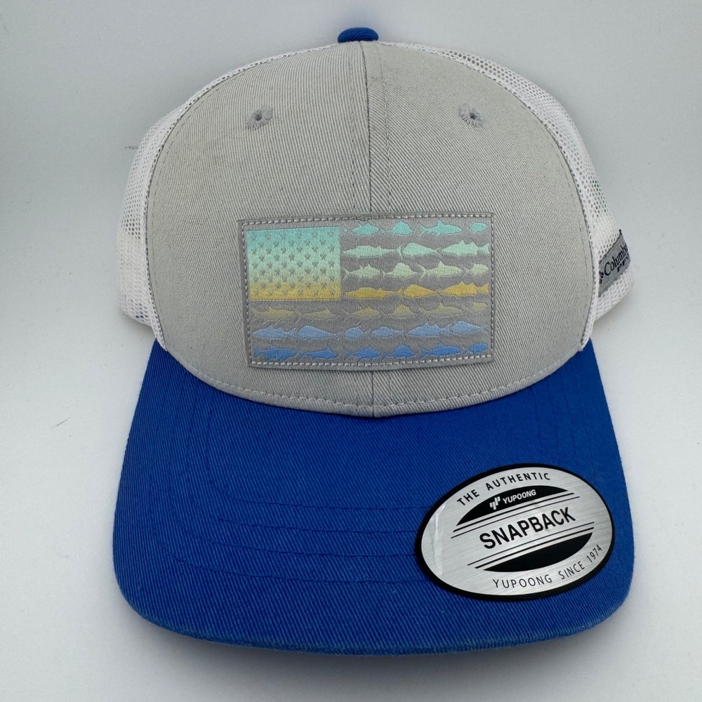 Columbia Youth PFG Mesh Snapback Hat O/S Blue Grey Iridescent Fish Flag Trucker